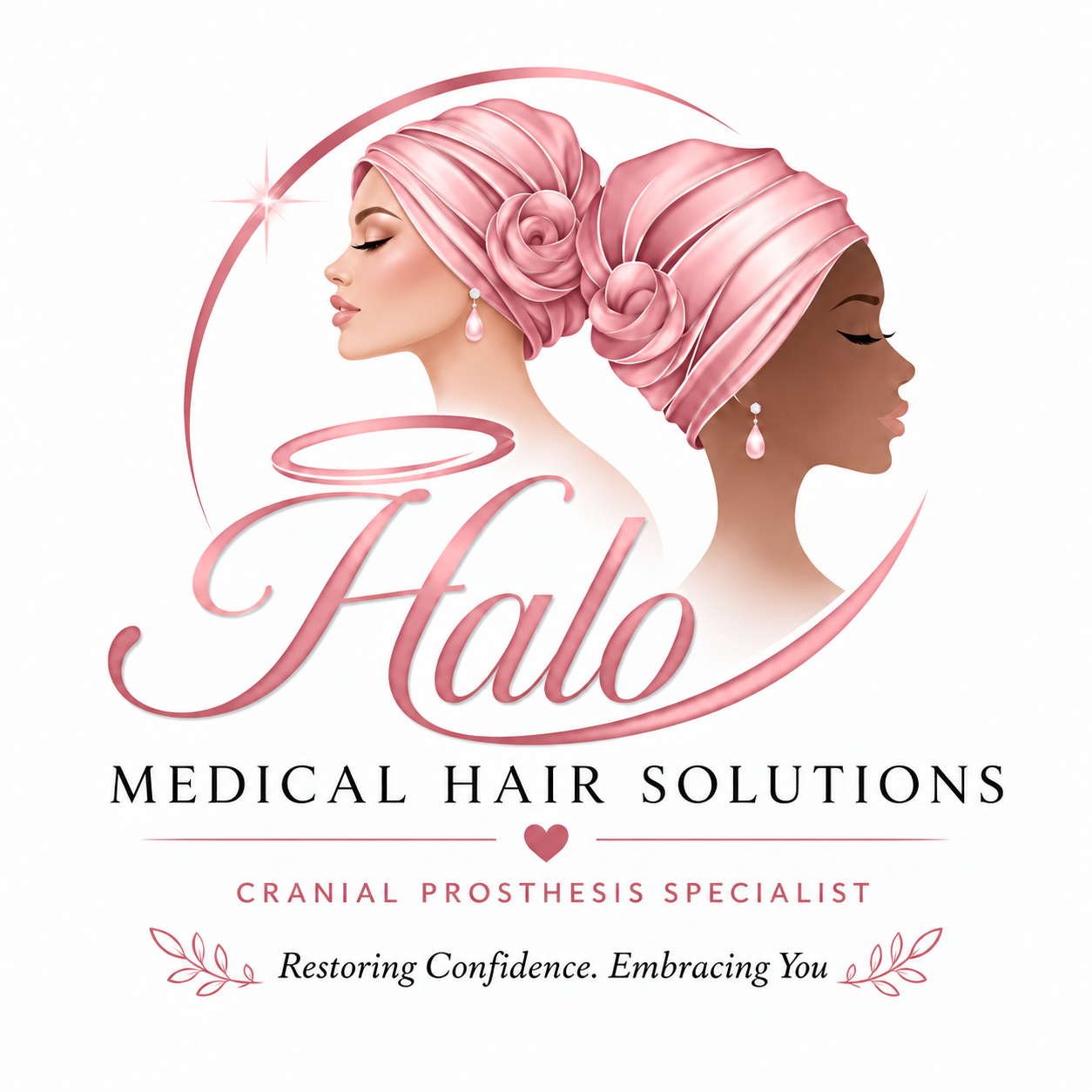 Halo Medical Hair Solutions logo featuring two women in pink head wraps