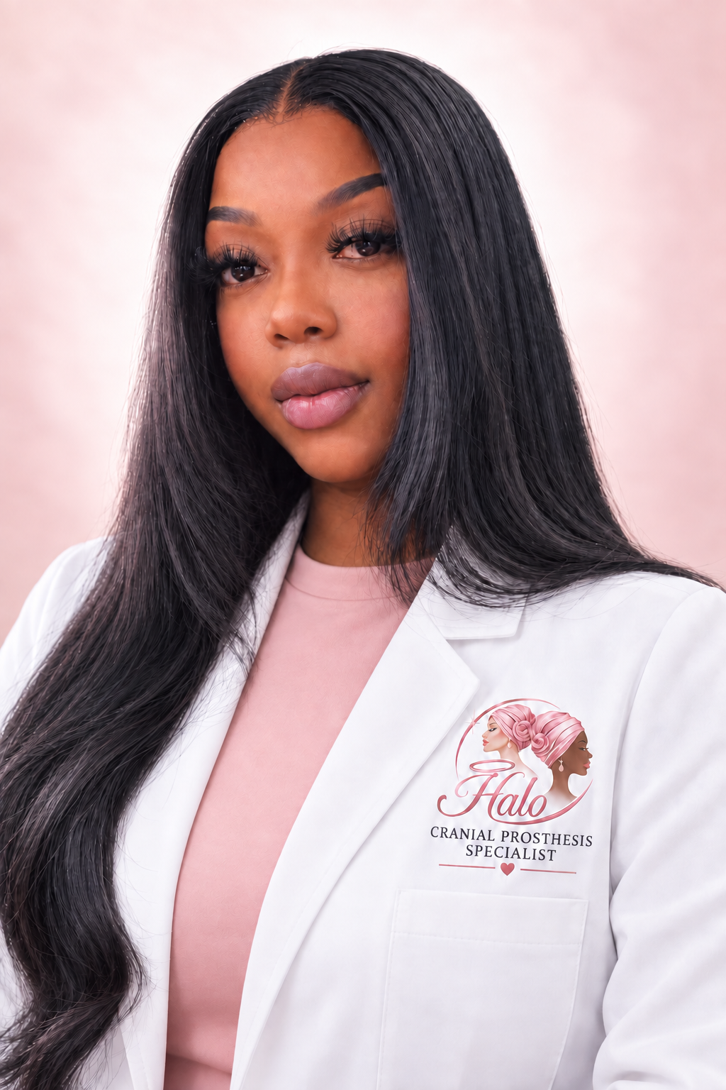 Leenishea C. Quinn wearing a white Halo Medical Hair Solutions lab coat